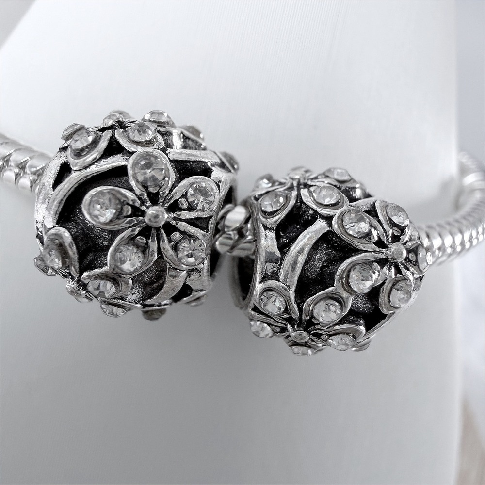 2 PCs Silver Bead Charm Fits Snake Chain‎ Bracelet Floral Rhinestone Jewelry New